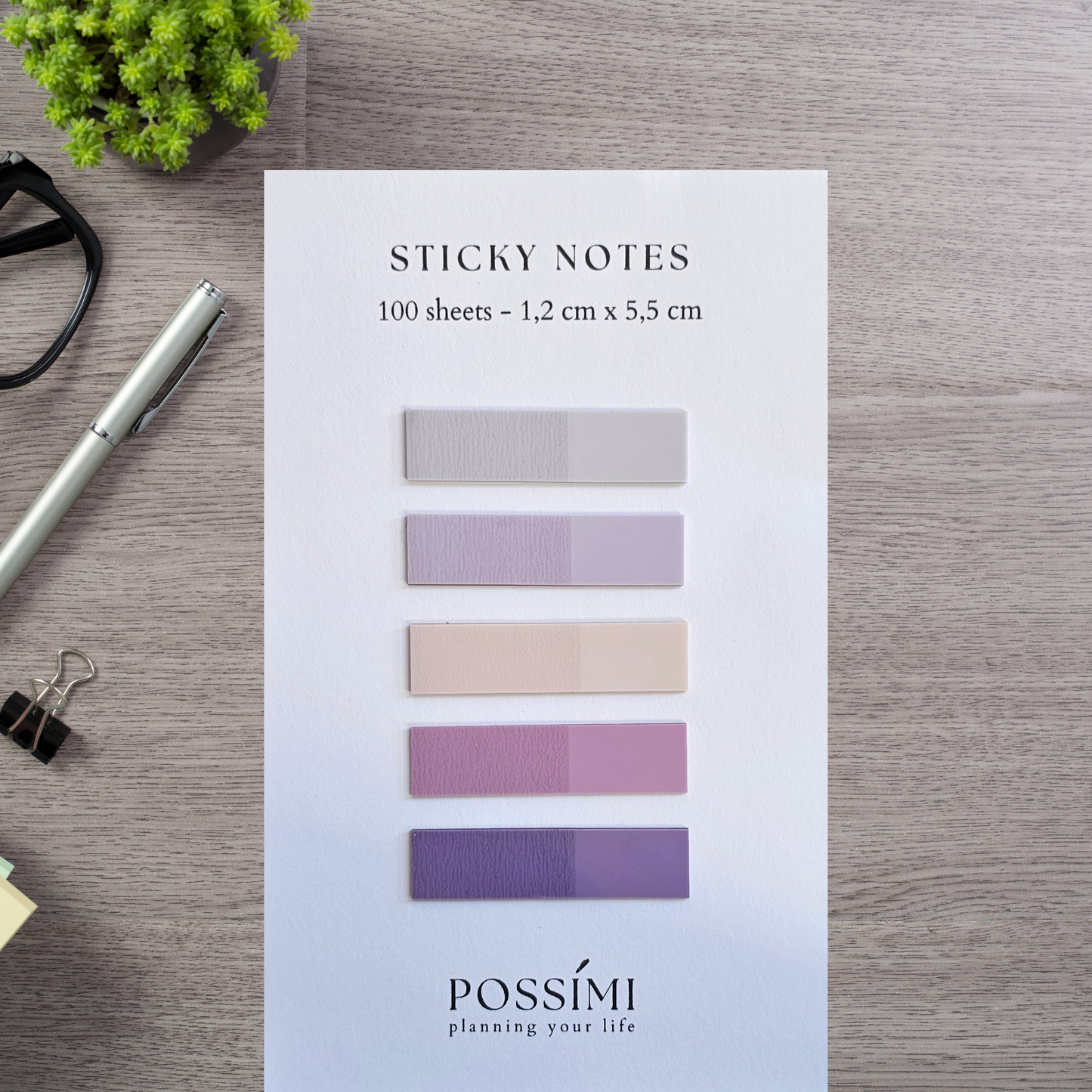 100 de note adezive translucide de 1,2 cm x 5,5 cm PURPLE VIBES